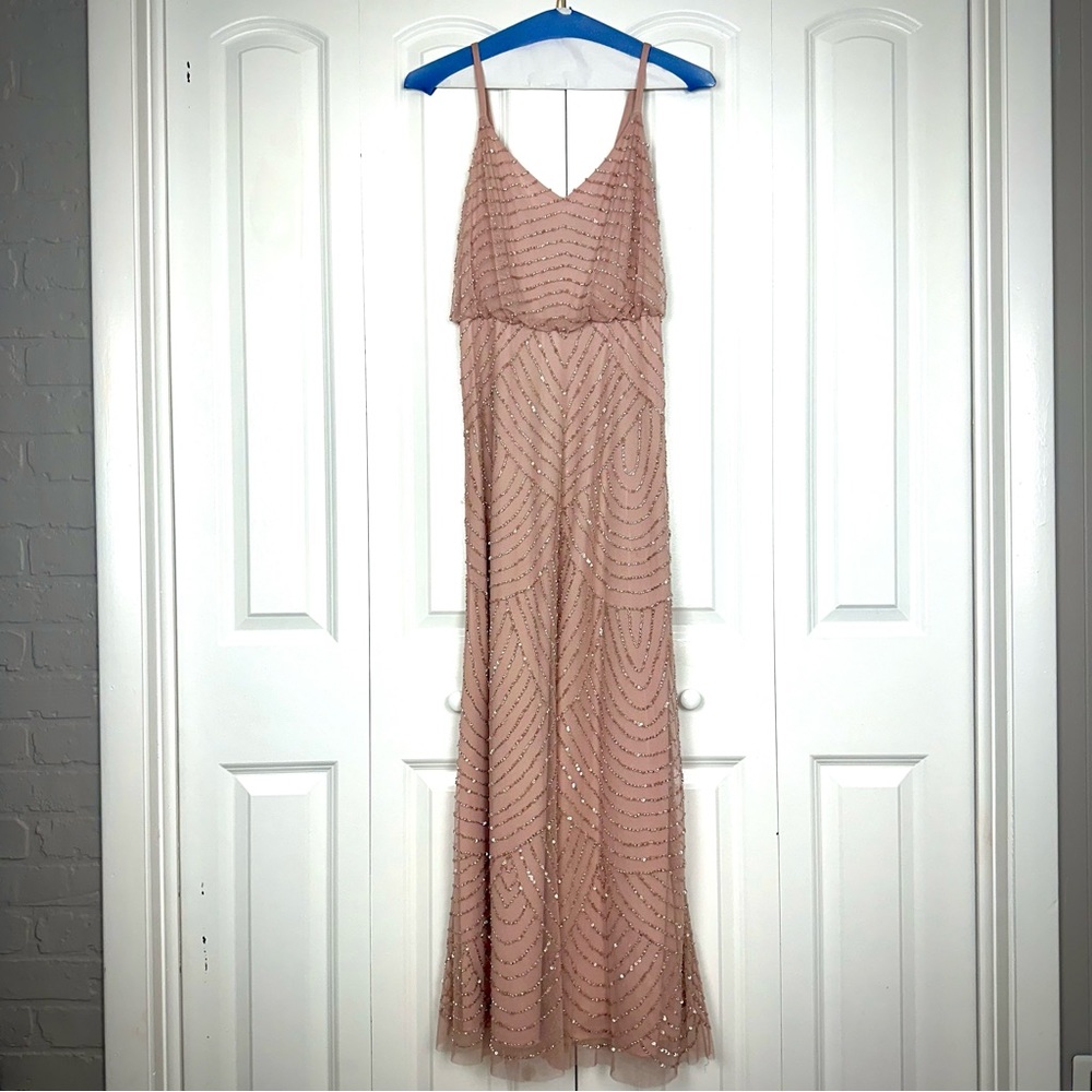 ADRIANNA PAPELL ART DECO BEADED BLOUSON GOWN IN BLUSH SIZE 0